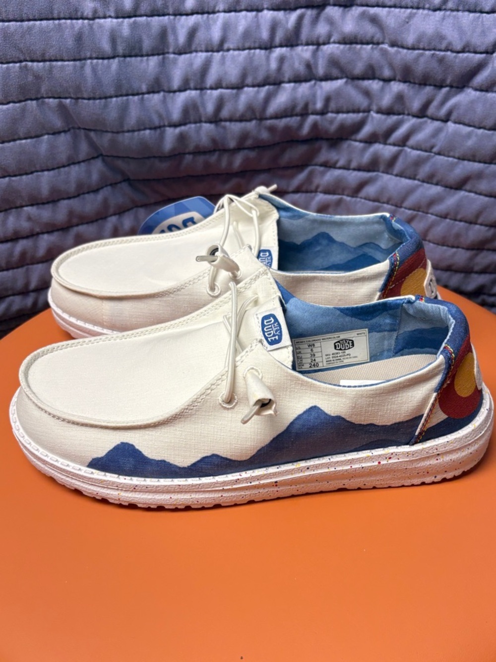 Hey Dude Moccasins in Cream, Blue, Red and Yellow